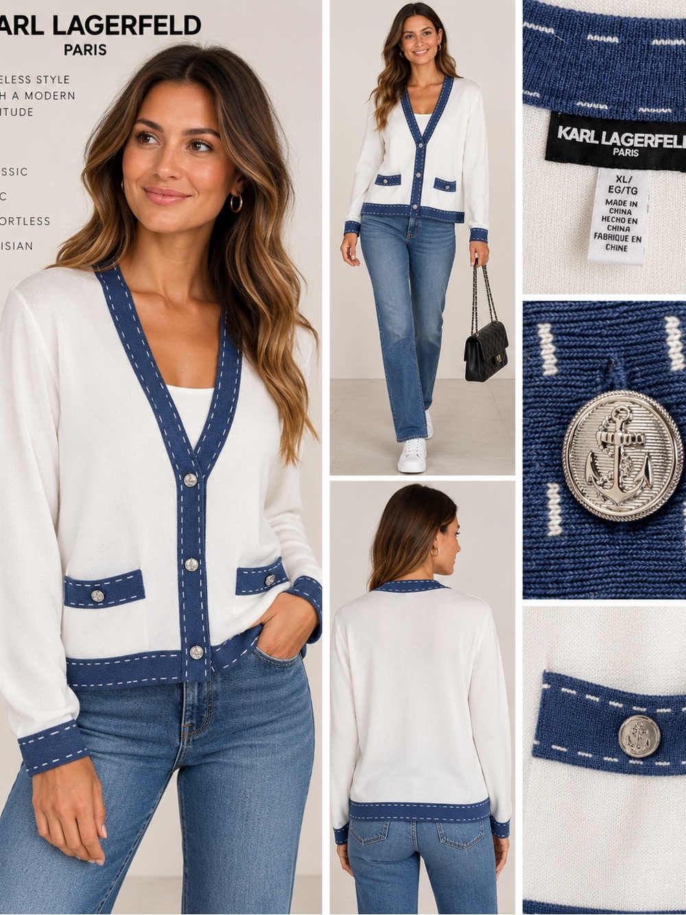 Karl Lagerfeld Paris Ivory Navy Contrast Trim Cardigan Anchor Buttons Women’s XL